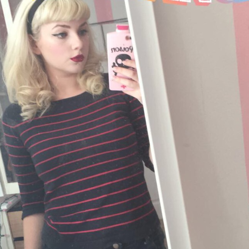 Retro 50s Inspired Navy Blue Red Striped Sweater